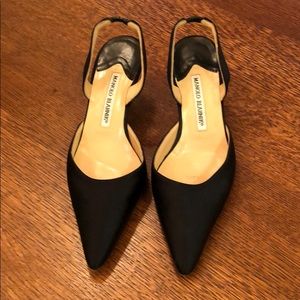 Authentic black satin Manolo Blahniks.